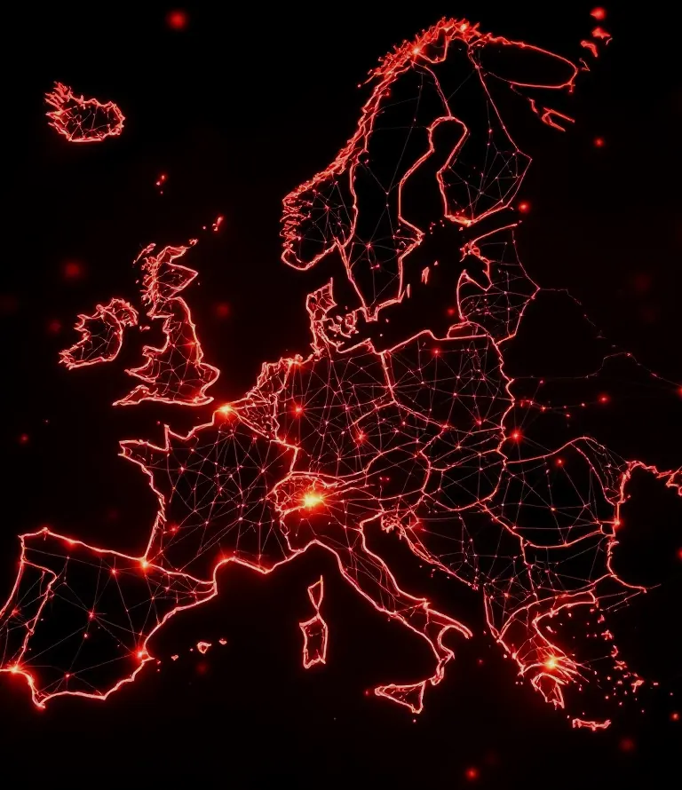 Map of Europe drawn as a network of red light, with nodes linked across the continent.
